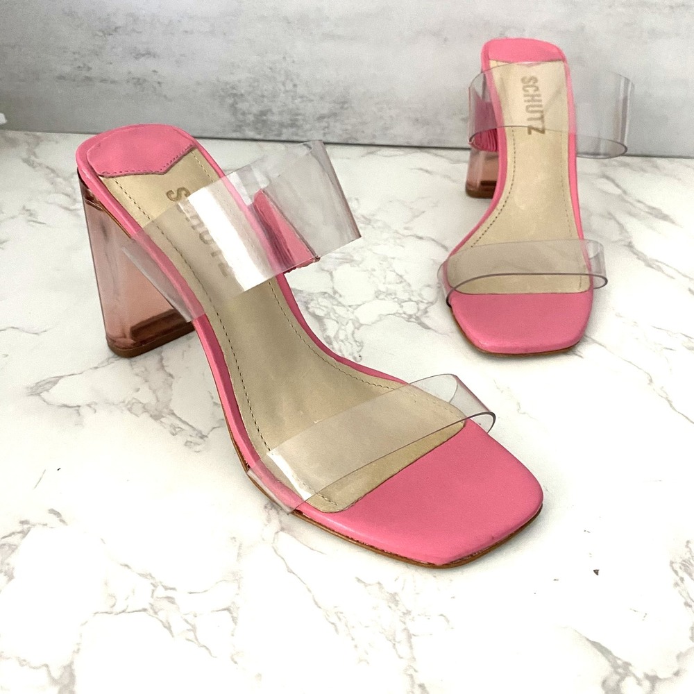 SCHUTZ Ariella Sandals Sz 5B Pink Acrylic High Heels Made in Brazil Barbiecore